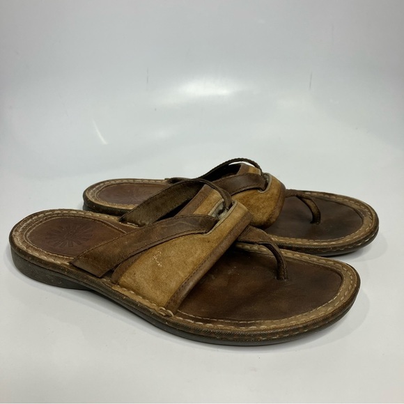 UGG Matala sandals brown & tan leather flip flops shearling lined women’s size 7 - Picture 1 of 8